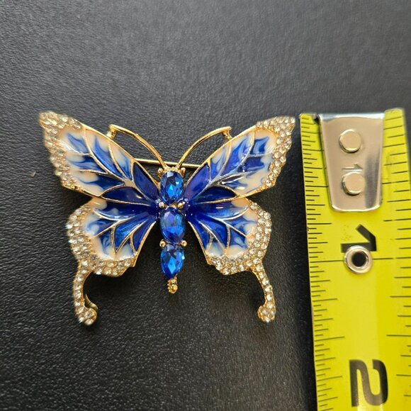 Blue Enamel Butterfly Brooch Rhinestone Gold Tone Pin Sparkly Costume Jewelry - Picture 6 of 7